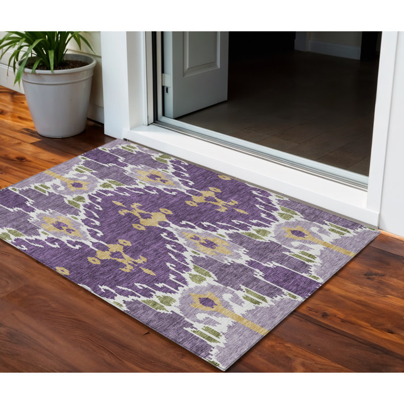 3' X 5' Purple Lavender And Gold Ikat Washable Indoor Outdoor Area Rug