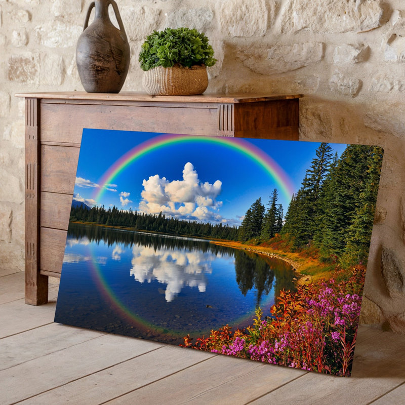 Toile, paysage vibrant mettant en valeur un lac serein reflétant un brillant art mural arc-en-ciel sur un ciel bleu clair avec toile