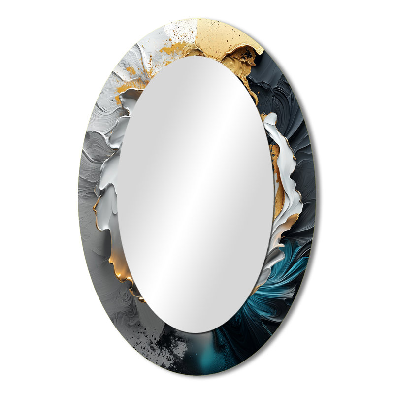 Lune noire et dorée III - grand miroir mural ovale sur métal, 36 po x 24 po