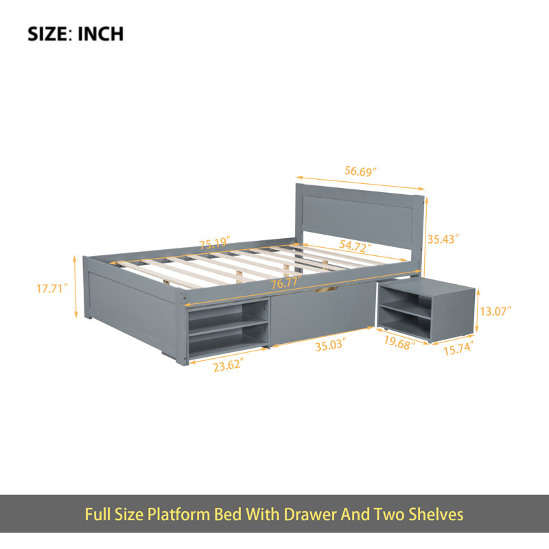 Lit plateforme avec tiroir et deux tablettes, Grey, Double