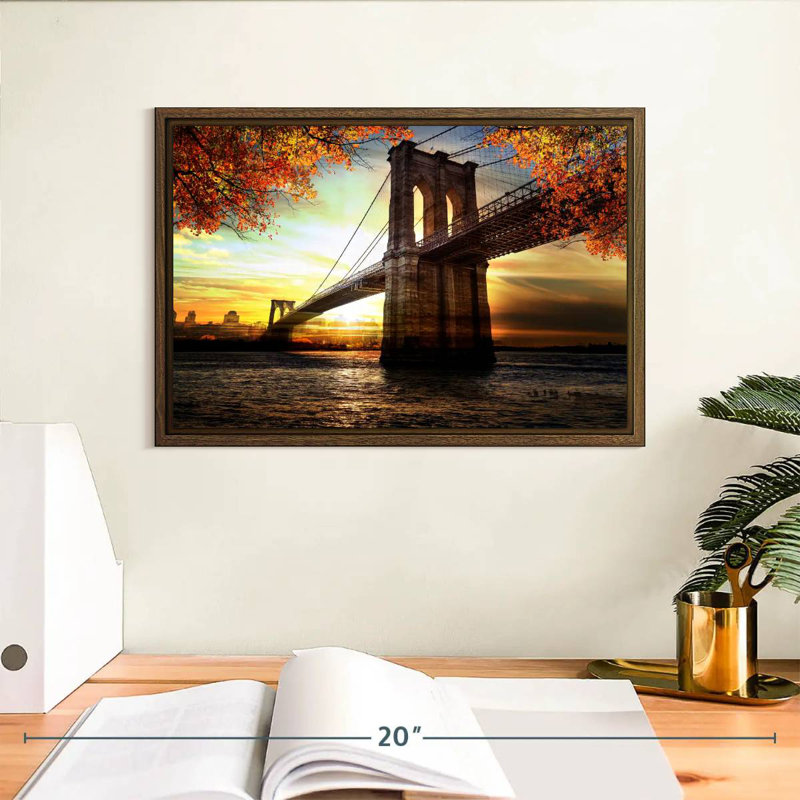 Paysage du pont de Brooklyn, 13 po x 9 po, Cadre flottant en noyer
