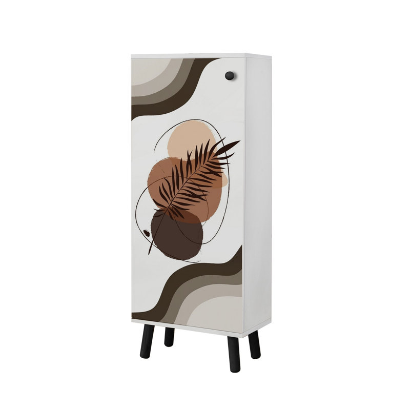 Élégante armoire à chaussures avec pieds et poignées en bois massif, conception abstraite, 19,7 x 53,1 x 15,0 pouces | Panneau de particules 100% enduit de mélamine avec revêtement UV | Plusieurs tablettes au fini noir et blanc moderne, idéales pour les vestibules organisés