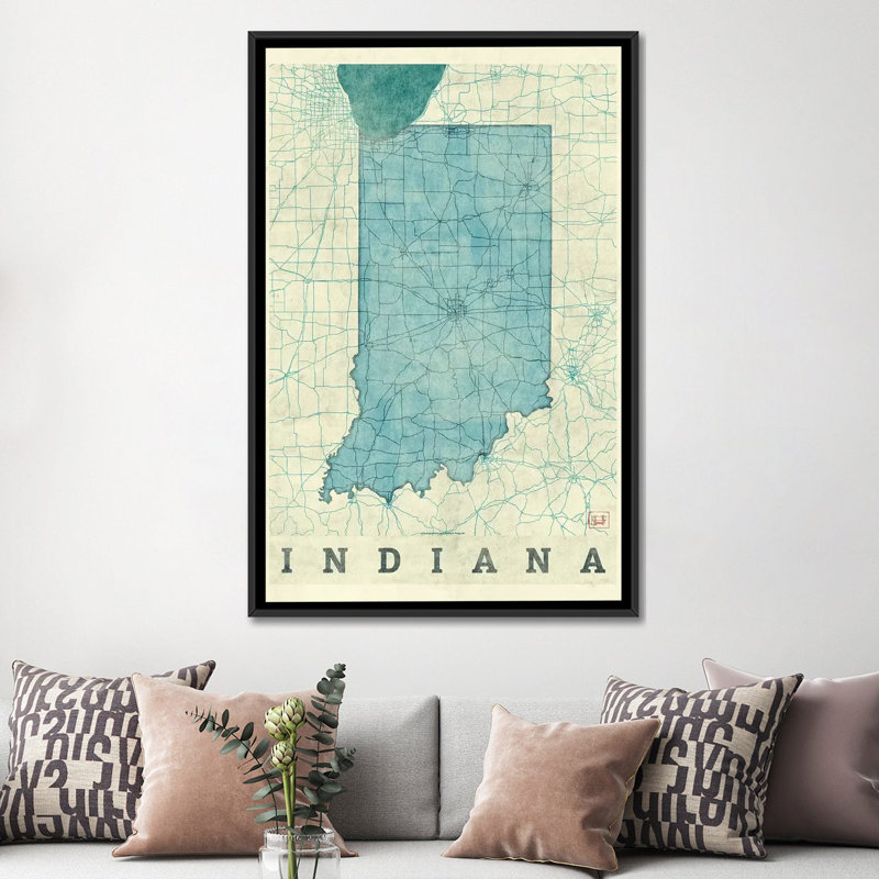 « indiana map », impression sur toile, H 26 po x l 18 po x P 1,5 po, Toile avec cadre noir, Pas de tapis
