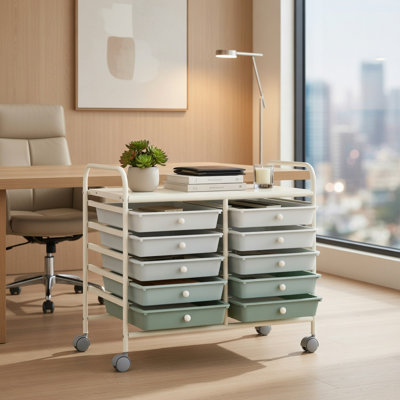  Chariot de rangement à 12 tiroirs avec roulettes verrouillables, structure et tiroirs en acier beige pour la maison, le bureau, l'organisation du garage, vert lime
