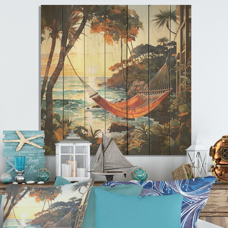 Sunset Hammock By The Beach II - Coastal Tropical On Wood Print, 36" H x 36" W