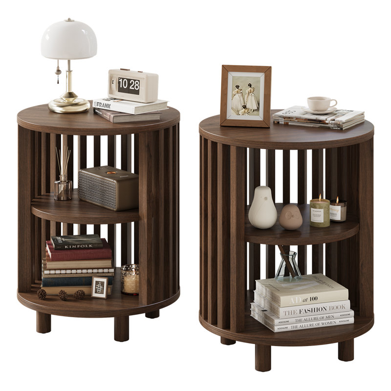 Yeva 19.7" Mid Century Modern  End Table, Round Bedside Table With Open Shelf (Set Of 2), Walnut, Set of 2