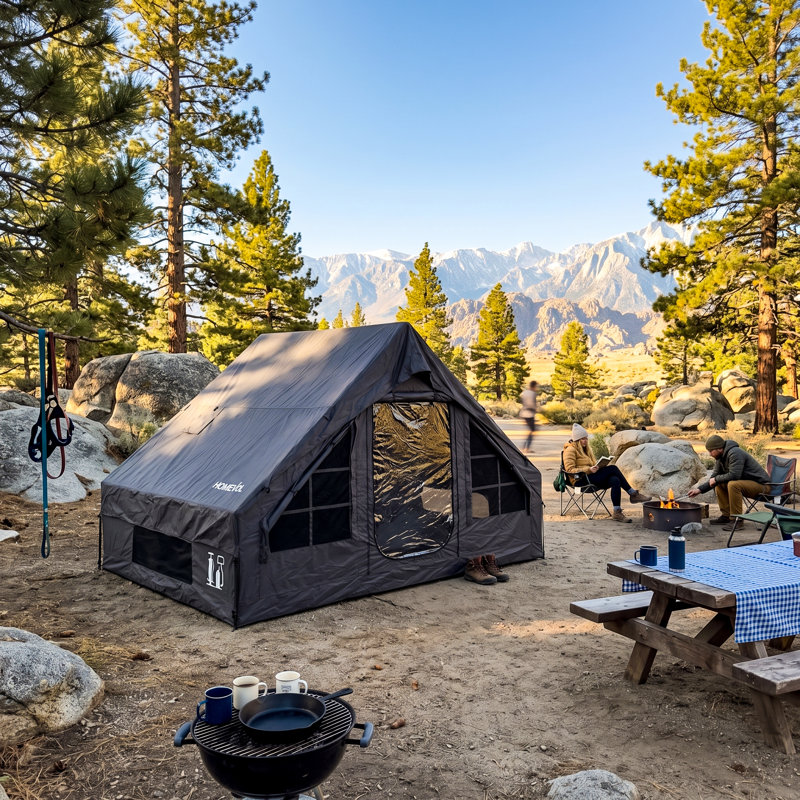 Tente de glamping gonflable avec structure à poutres d'air, abri de camping spacieux en tissu Oxford imperméable, fenêtres en filet et accessoires complets