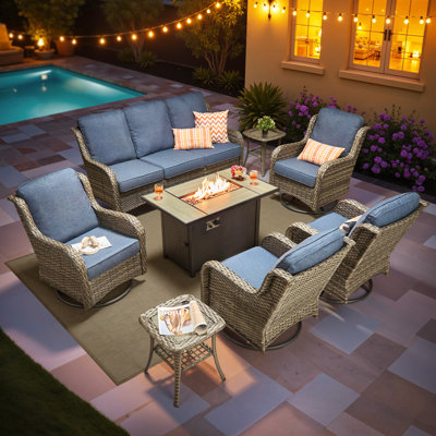 Cracraft 8-Piece All-Weather Wicker Patio Furniture Set With 42” Fire Pit Table, Deep Seating Sofa & Swivel Rocker Chairs For Backyard, Patio & Poolside Evenings