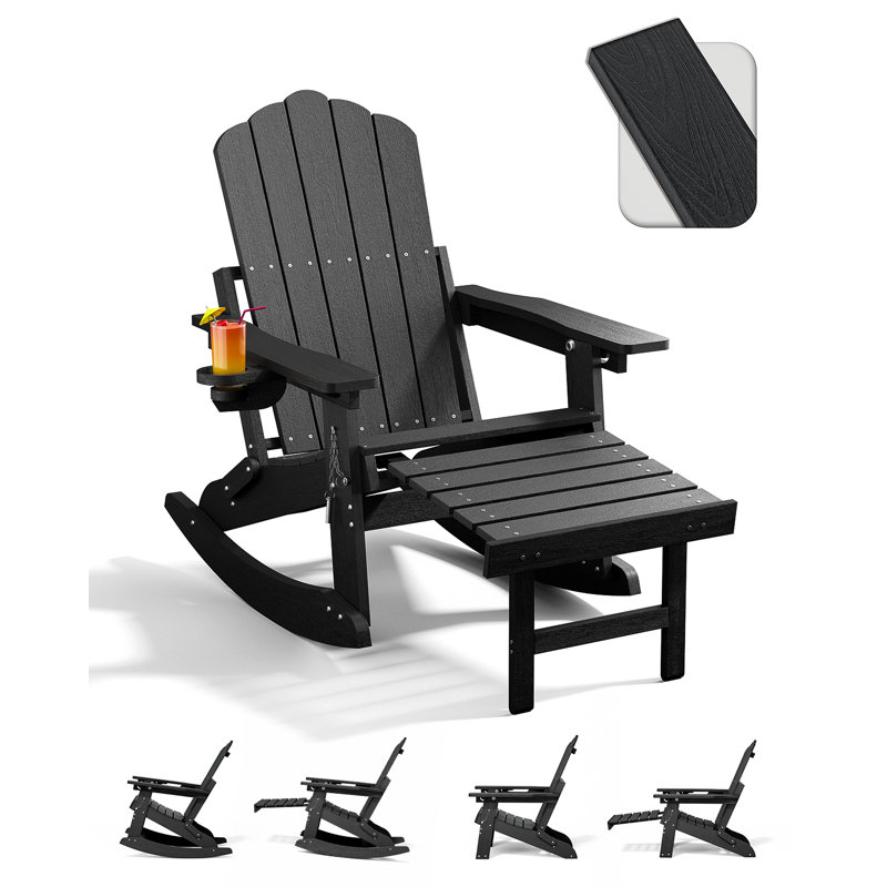 HDPE Folding And Adjustable Adirondack Chair With Ottoman, Black, 2