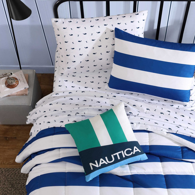 Ensemble d'édredon pour enfants Nautica Cru, Rayures bleues, Édredon simple + 1 taie décorative standard + 1 