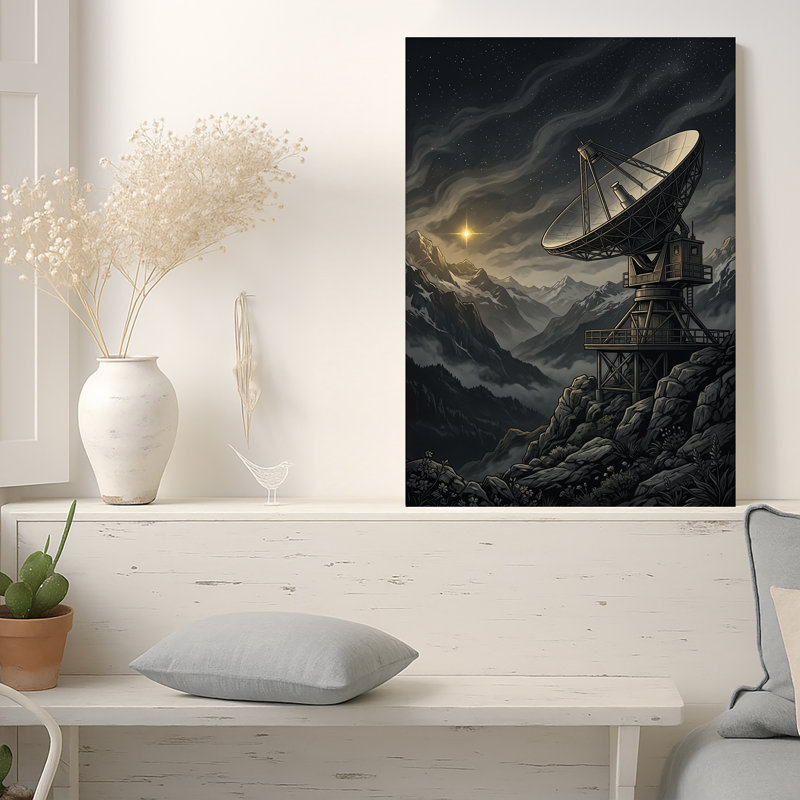 Art sur toile, radiotélescope sur un sommet de montagne sous un ciel étoilé, 18"H x 12"W