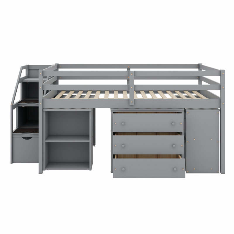 Loft Bed With Retractable Writing Desk And 3 Drawers, Wooden Loft Bed With Storage Stairs And Shelves, Gray