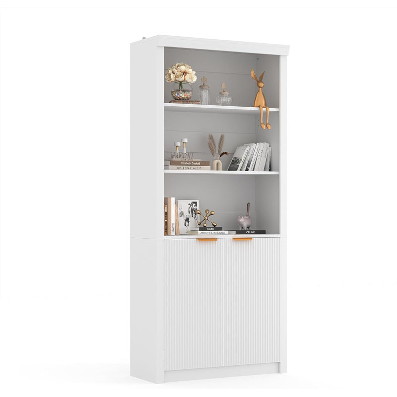 71" Tall Bookshelf with Fluted Doors, 5 Tier Bookcase Display Shelves with Storage Cabinet & Adjustable Shelf, Mid-Century Modern Bookshelves, White