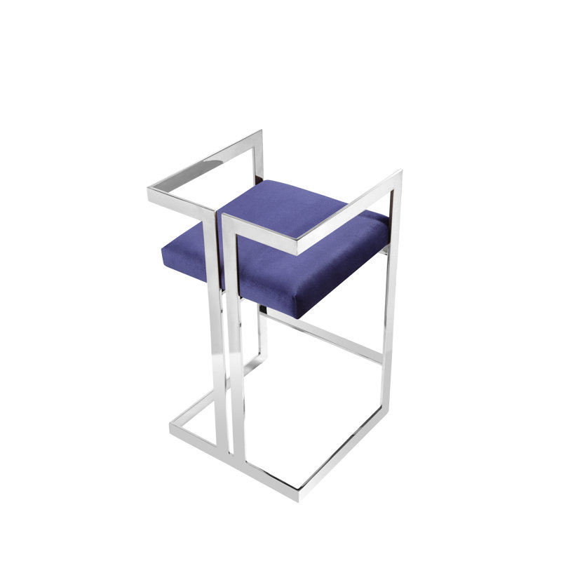 Upholstered Counter Stool with Metal Frame, Silver, Navy Velvet