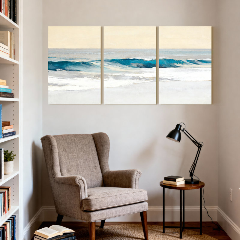 Ensemble de 3 tableaux abstraits sur toile représentant des vagues océaniques, H 18 po x l 36 po
