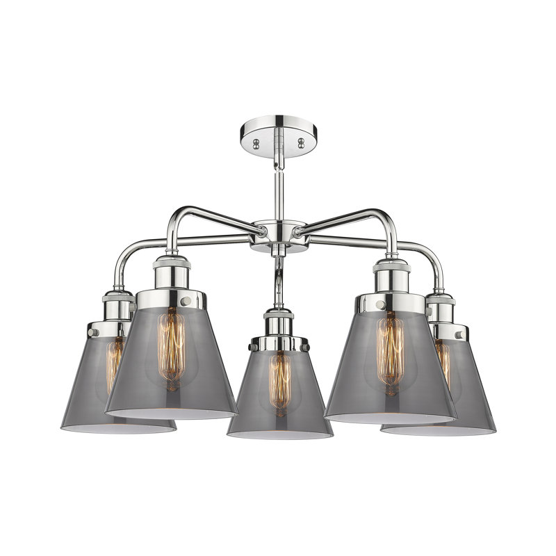 Cone 5 Light Stem Hung Chandelier, Plated Smoke, Polished Chrome
