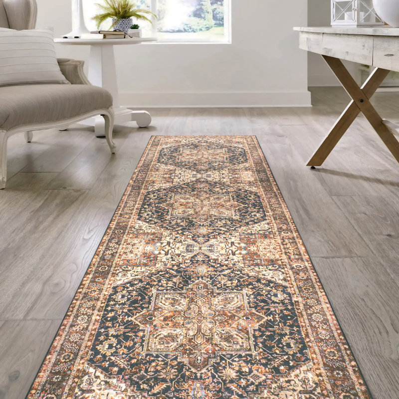 Chapell Chenille Mid-Century Medallion Machine-Washable Black/Terra Rug, Runner 2' x 8'