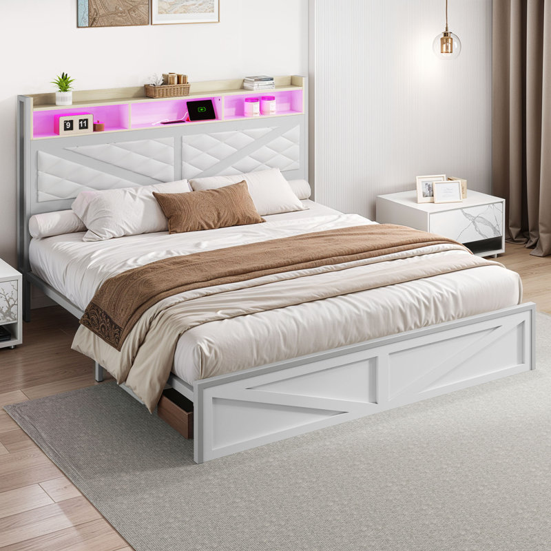 Diamond Rustic Upholstered Platform Bed, White, King