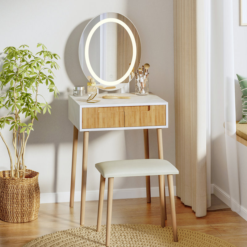 Small Vanity Desk With 18" Mirror And Lights, Wooden Handles With Cushioned Stool