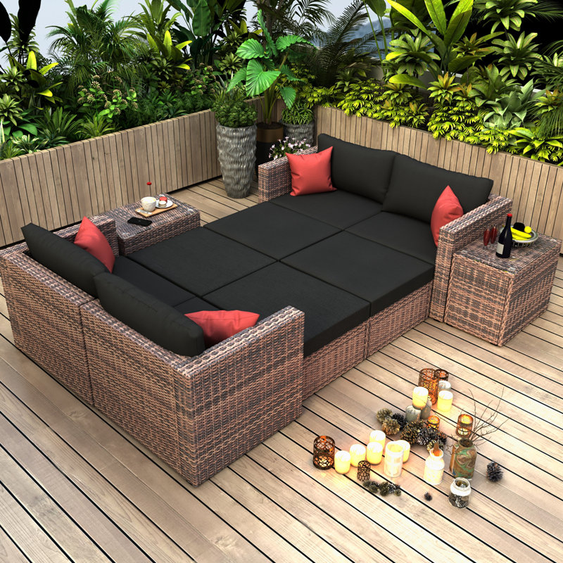 Ensemble de conversation modulaire en osier brun avec coussins noirs et coussins rouges Jimmy 