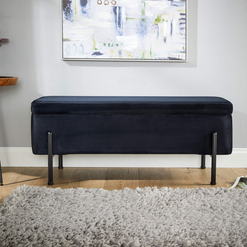 Avdain 110cm Wide Velvet Rectangle No Pattern Standard Ottoman with Storage, Black