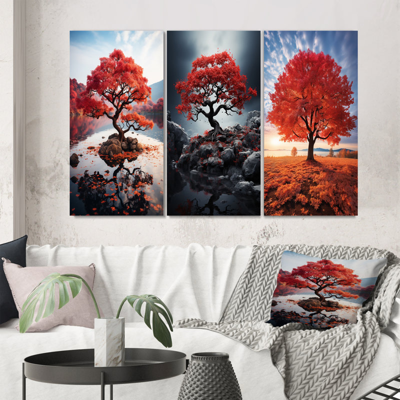 «Coral Tree Maple Symphony», 3 pièces sur toile, Encadré naturel, H 40 po x l 60 po