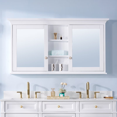55"W X30''H Surface Mount Solid Wood Medicine Cabinet With Mirror And Wooden Shelves