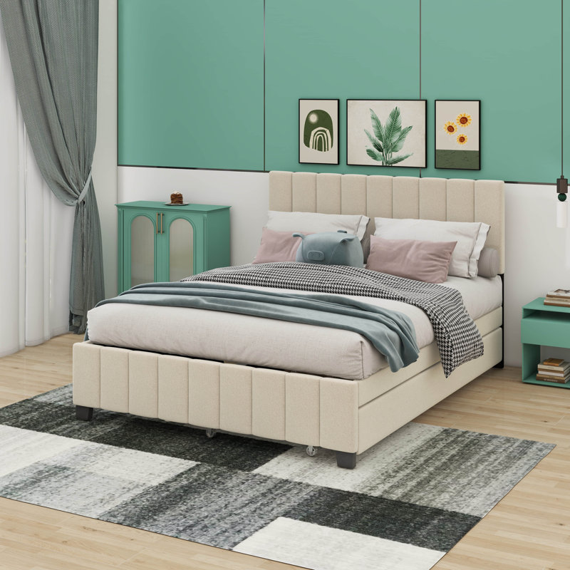 Grand lit plateforme tapissier en velours avec 2 tiroirs et 1 lit gigogne simple TG, Beige