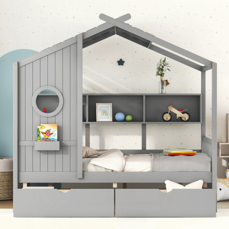 Lit en bois avec 2 tiroirs, lit pour enfant avec tablette de rangement, Double, Gris