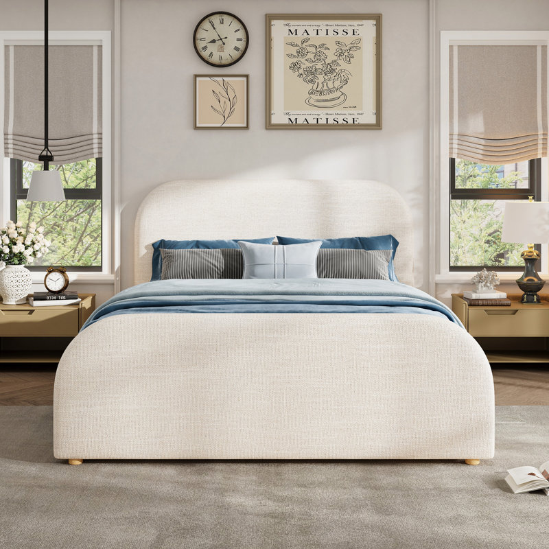 Bed Frame With Linen Upholstered Curved Headboard, Solid Wood Legs