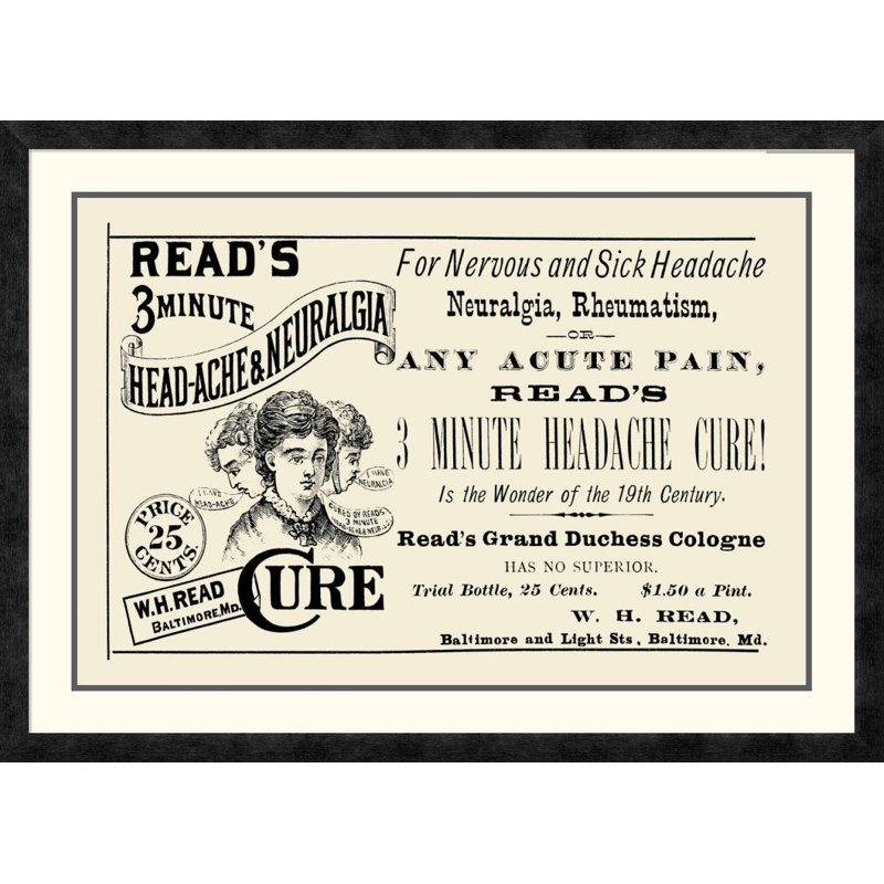 «Read's 3 minute Head-Ache and Neuralgia Cure», affiche vintage encadrée, H 26,1 po x l 36 po x P 1,5 po