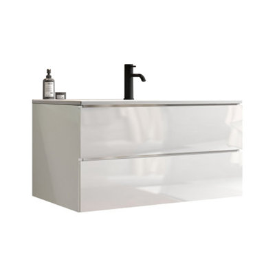 Meuble-lavabo mural avec lavabo en céramique, conception à un trou, grand rangement, style flottant, pré-assemblé pour les salles de bain modernes