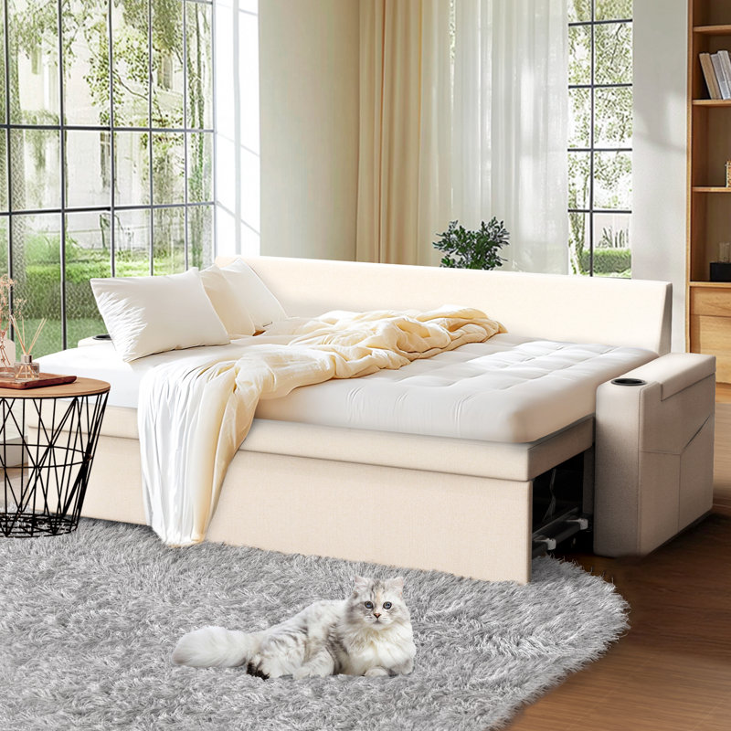 81" L-Shaped Sleeper Sofa With Pull-Out Bed & Armrest Storage, Beige