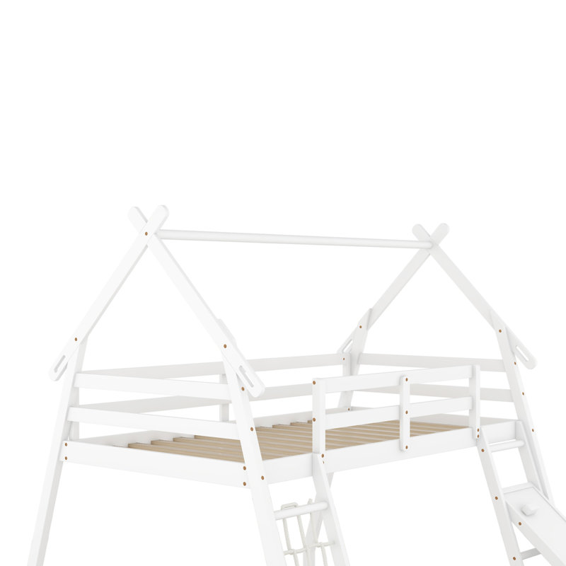 Lit superposé House avec filets d'escalade et rampe d'escalade, Blanc