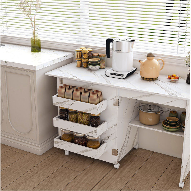 Table de couture pliante 4-en-1 avec roues verrouillables - Poste de travail multifonctionnel, table de bout, bureau d'ordinateur et rangement de cuisine avec tablettes, table de machine à coudre roulante blanche pour appartements