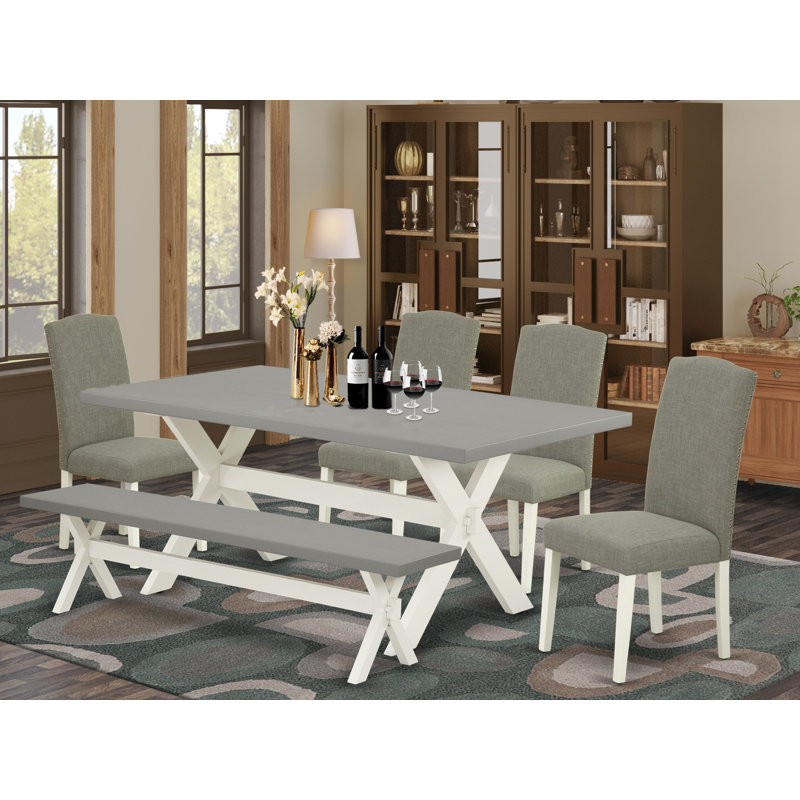L'ensemble de salle à manger 6 pièces contient une table de salle à manger rectangulaire avec des pieds en X et 4 chaises Parson en tissu de lin Shitake foncé avec un banc, blanc lin