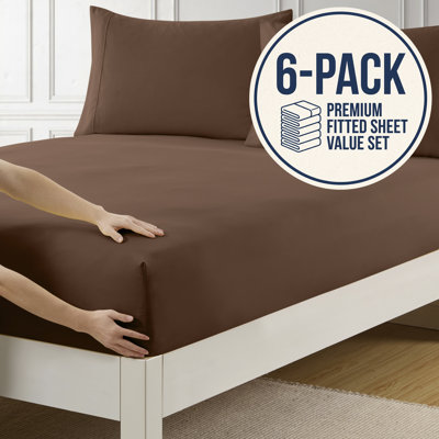 6PK Bottom Fitted Sheets Brushed Microfiber Bottom Sheets with Built in Sheet Straps, King (Set of 6)
