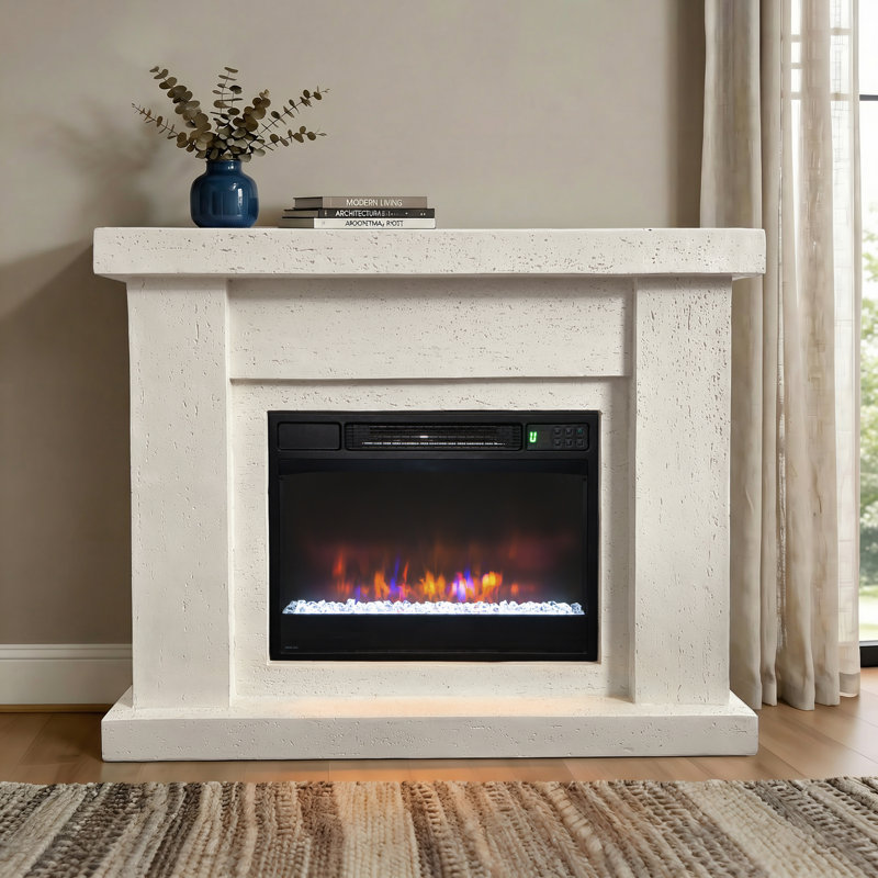 44.5"W Electric Fireplace & Mantel Package, Ivory Travertine