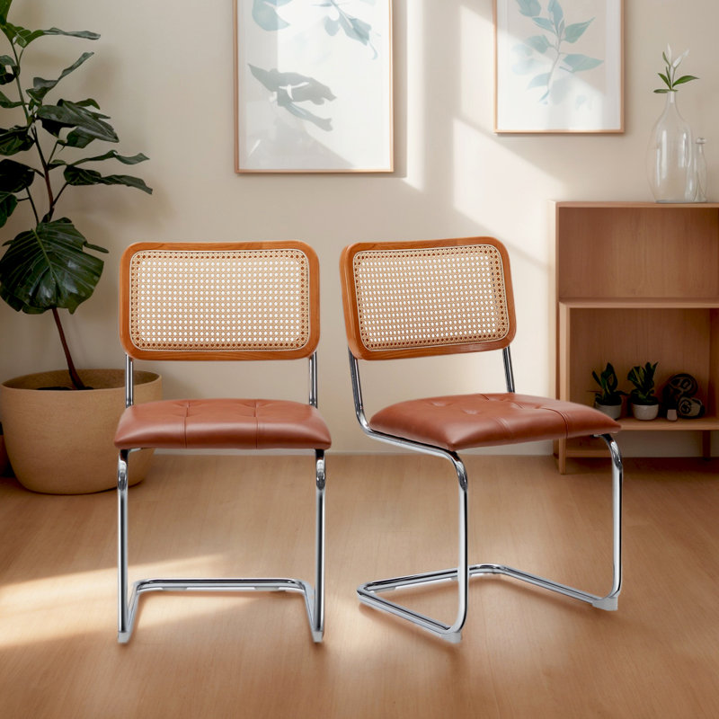 Faux Leather Upholstered  Cantilever Dining Chair with Chrome Legs, Brown