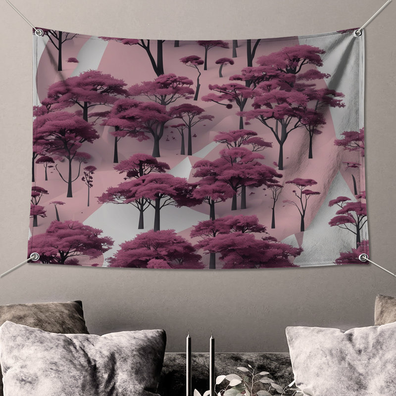 Tapisserie murale paysage de forêt rose - Décoration murale arbres, 50 po H x 60 po L avec 4 œillets