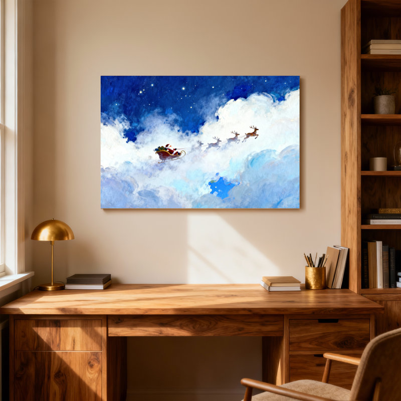 Père Noël de Noël volant avec des rennes dans le ciel