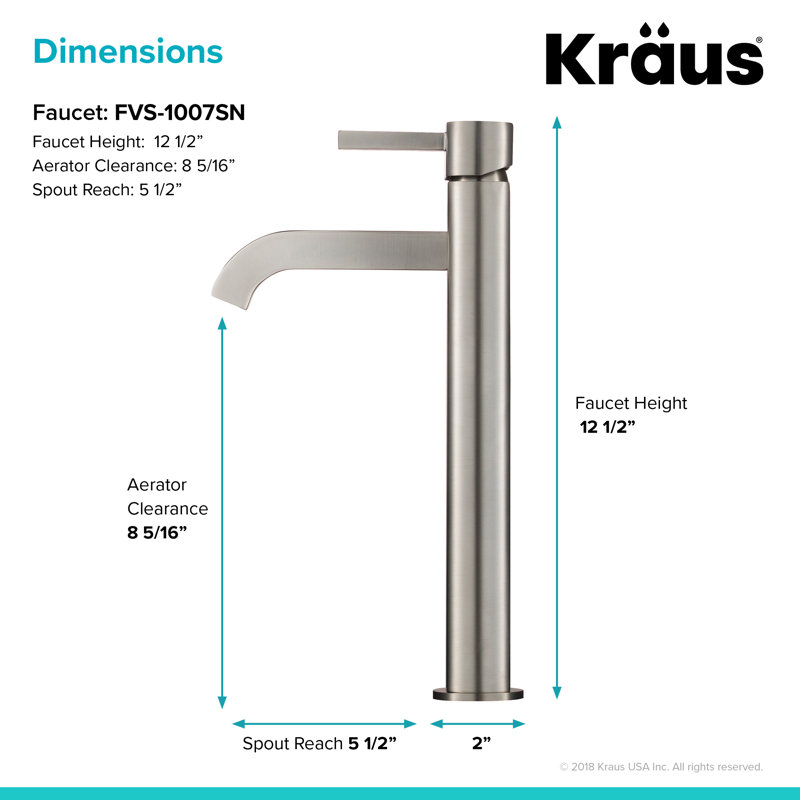 Robinet pour salle de bain à poignée simple avec drain escamotable Kraus Ramus, Nickel satiné