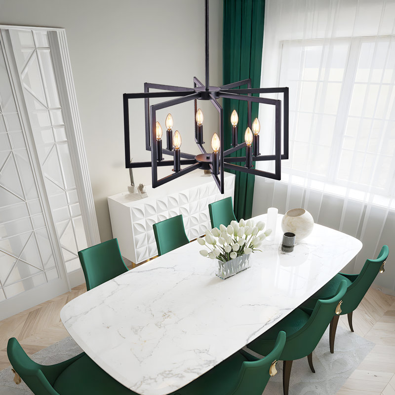 Lustre moderne en métal avec tiges réglables, Noir mat, 8 lumières