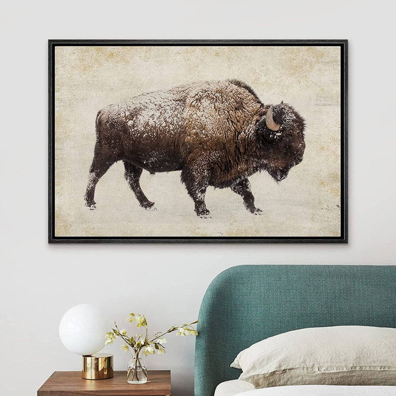 Sépia double exposition Buffalo Bison, art mural rustique, décor de ferme encadré sur toile, H 24 po x l 36 po, Noir