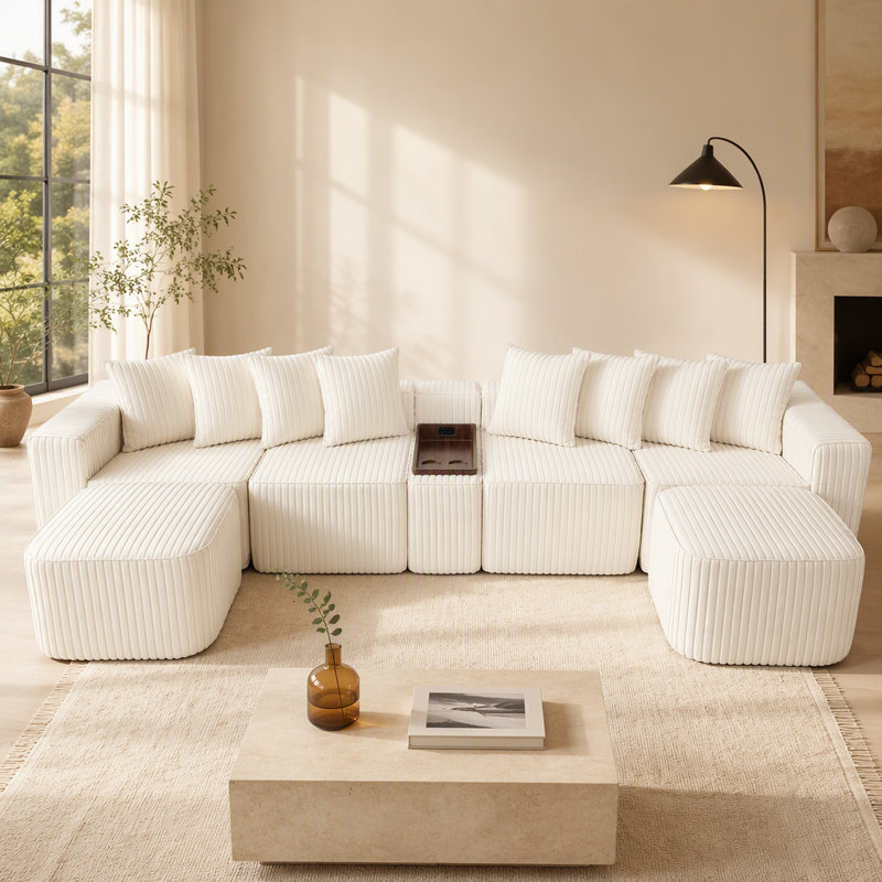 Canapé modulaire en forme de U avec port USB et chargement sans fil, table basse amovible, porte-gobelets, aucun assemblage requis, design confort six places.
