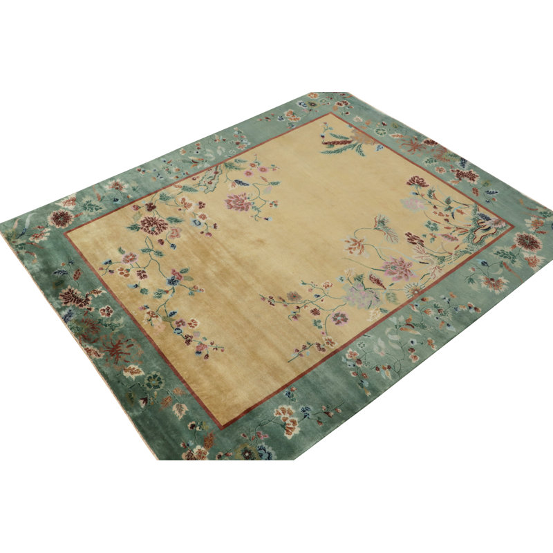 Rug & Kilim’S Chinese Art Deco Rug In Gold With Multicolor Floral Patterns, Rectangle 12' x 16'