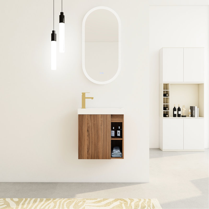Meuble-lavabo flottant de 20 po, lavabo en résine, porte à fermeture en douceur, look contemporain, spacieux, sanitaire, finition noyer élégant, peu encombrant, ton