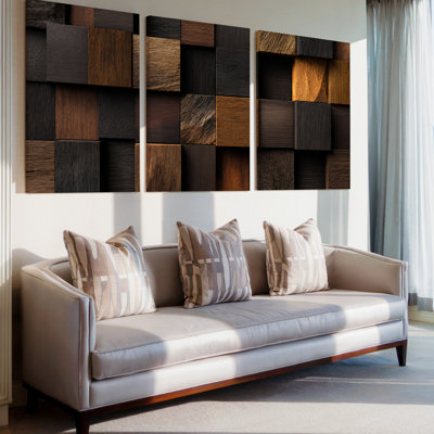 3 Pieces Exculisive Dark Walnut and Black Wood Block Abstract Large Wall Art Rustic Modern Panoramic, Canvas Decor for Living Room, Bedroom and Office
