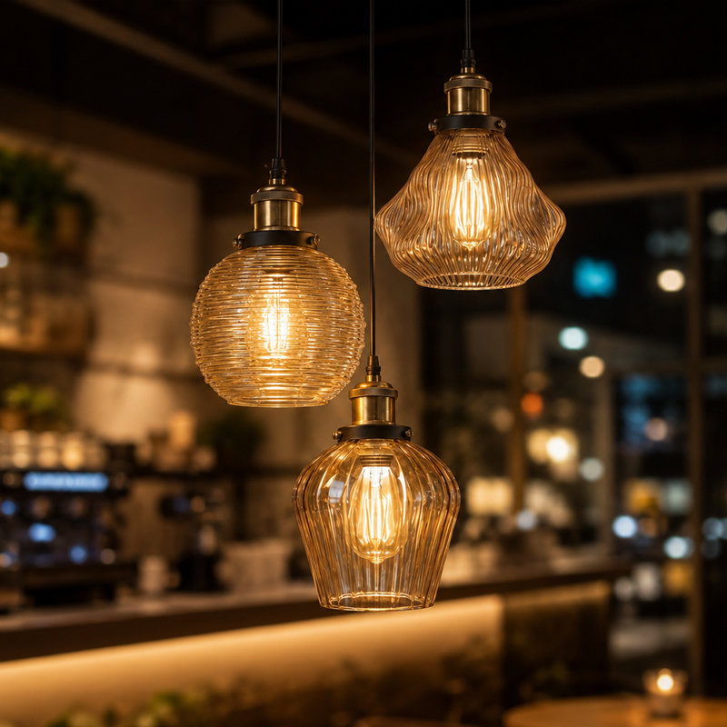 Vintage Style 3-Head Cluster Pendant Light, Ribbed Glass Shades in Blue, Clear & Amber, Antique Brass Holders, Dimmable, E27