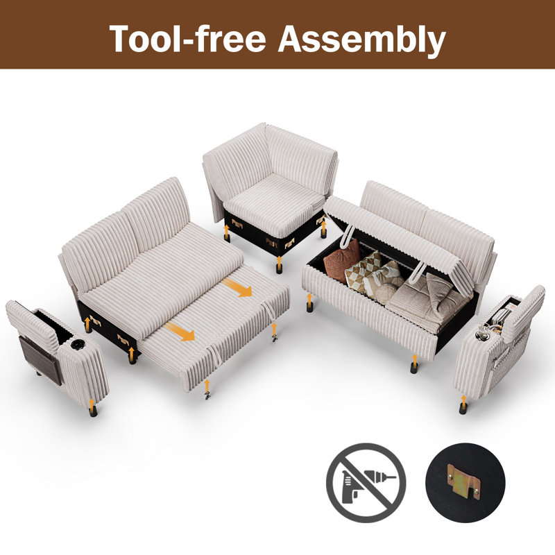 85" Sectional Sofa Couch With Pull Out Bed, 5 Seat L Shaped Pull Out Couch Bed With Usb Ports, Modular Sleeper Sofa Bed, Large Sectional Couches For Living Room